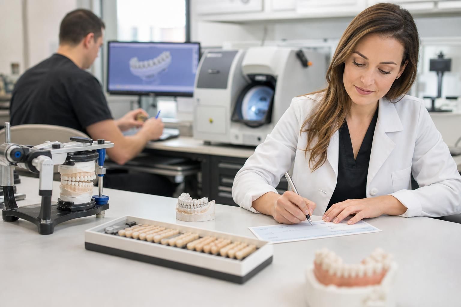 dentist writing a check on her desk